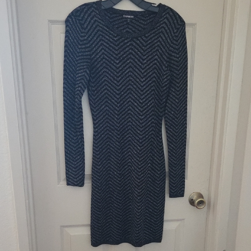 Express Long Sleeve Chevron Dress in Black and Gray